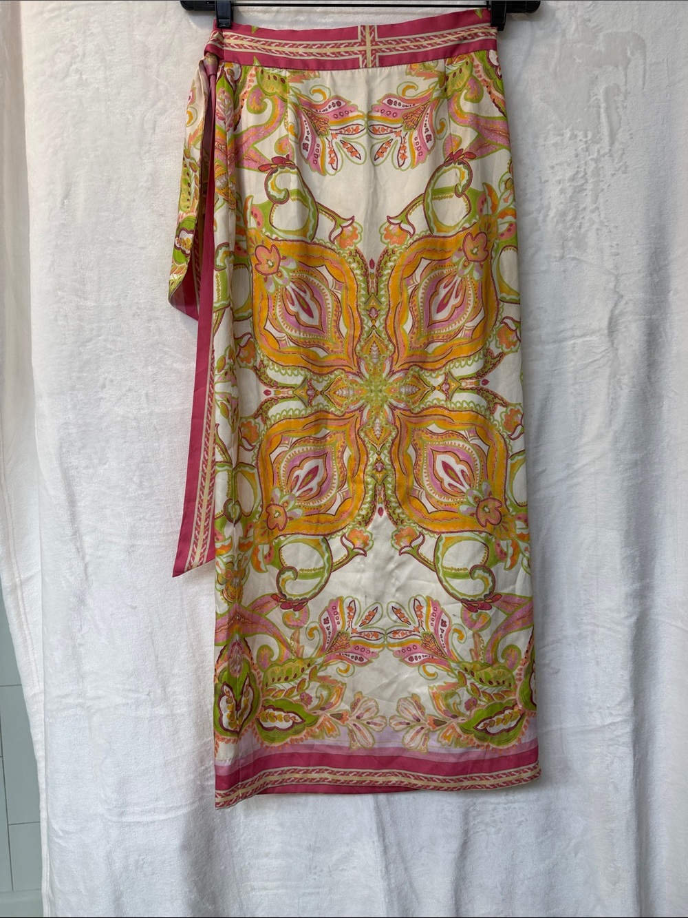 ANTONIO MELANI Pink, Green & Yellow Paisley Silk Wrap Skirt - Picture 3 of 5